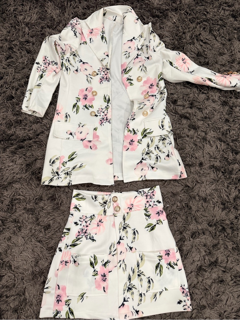 White Floral Two-Piece Blazer & Skirt Set - Pink & Green Print